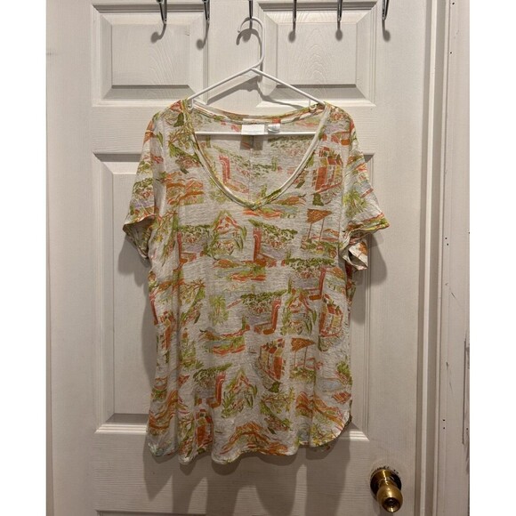 CYNTHIA ROWLEY Size 1X 100% Linen Island Print Top Shirt Beachy Boho - Picture 1 of 5